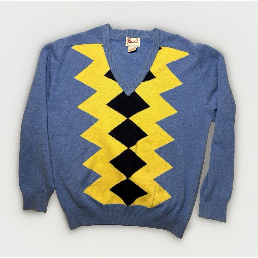 Vtg Jaccar of California 100% Cashmere Sweater Mens XL Blue Yellow Chevron Knit